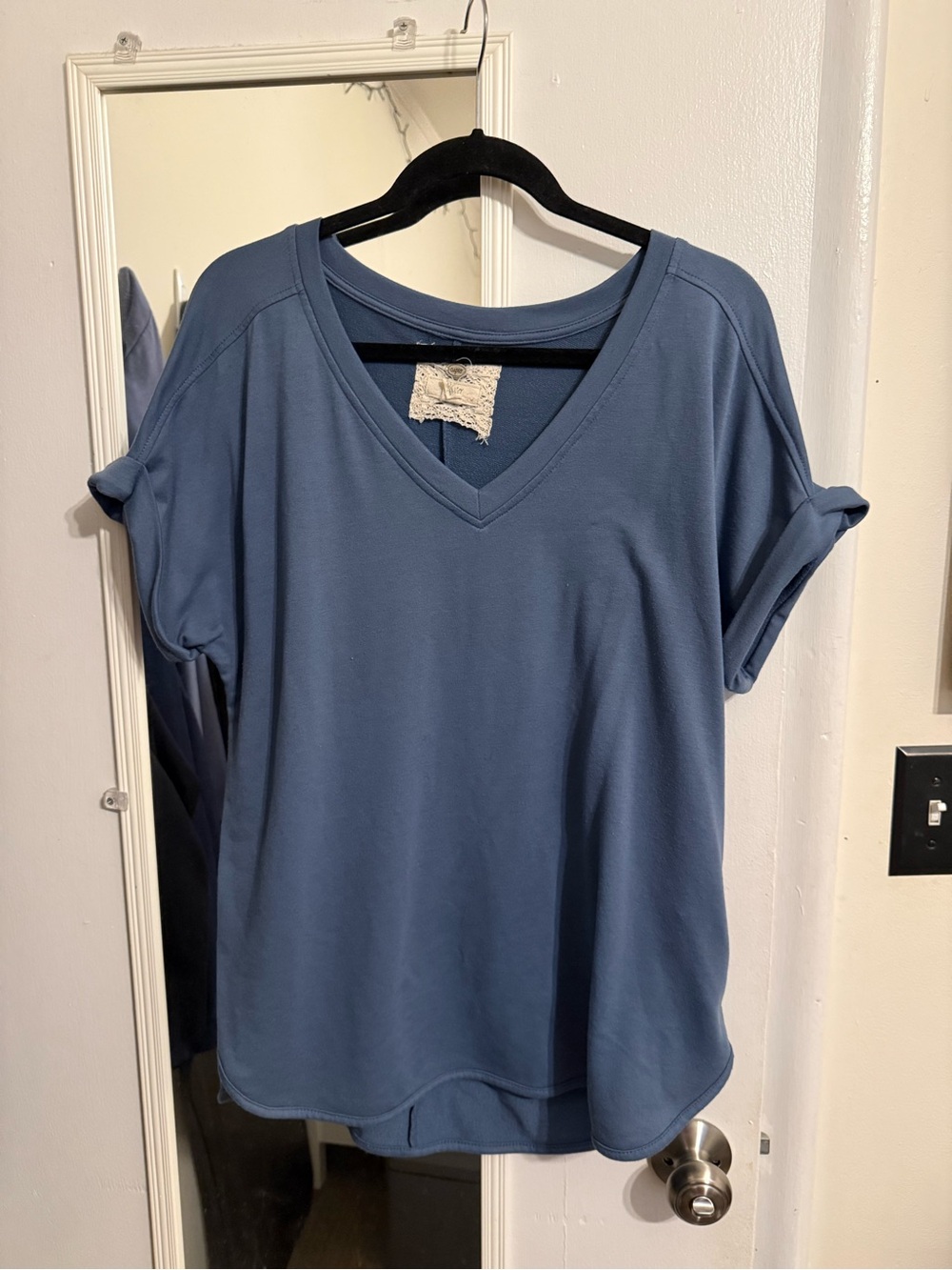 Cupio Dusty Blue V-Neck Rolled Sleeve Tee
